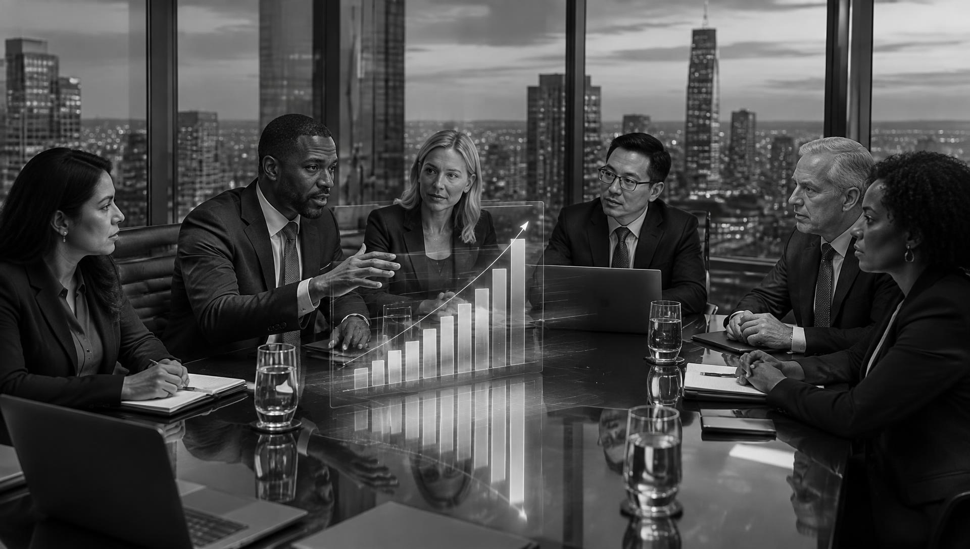 A diverse group of banking professionals working together in a boardroom