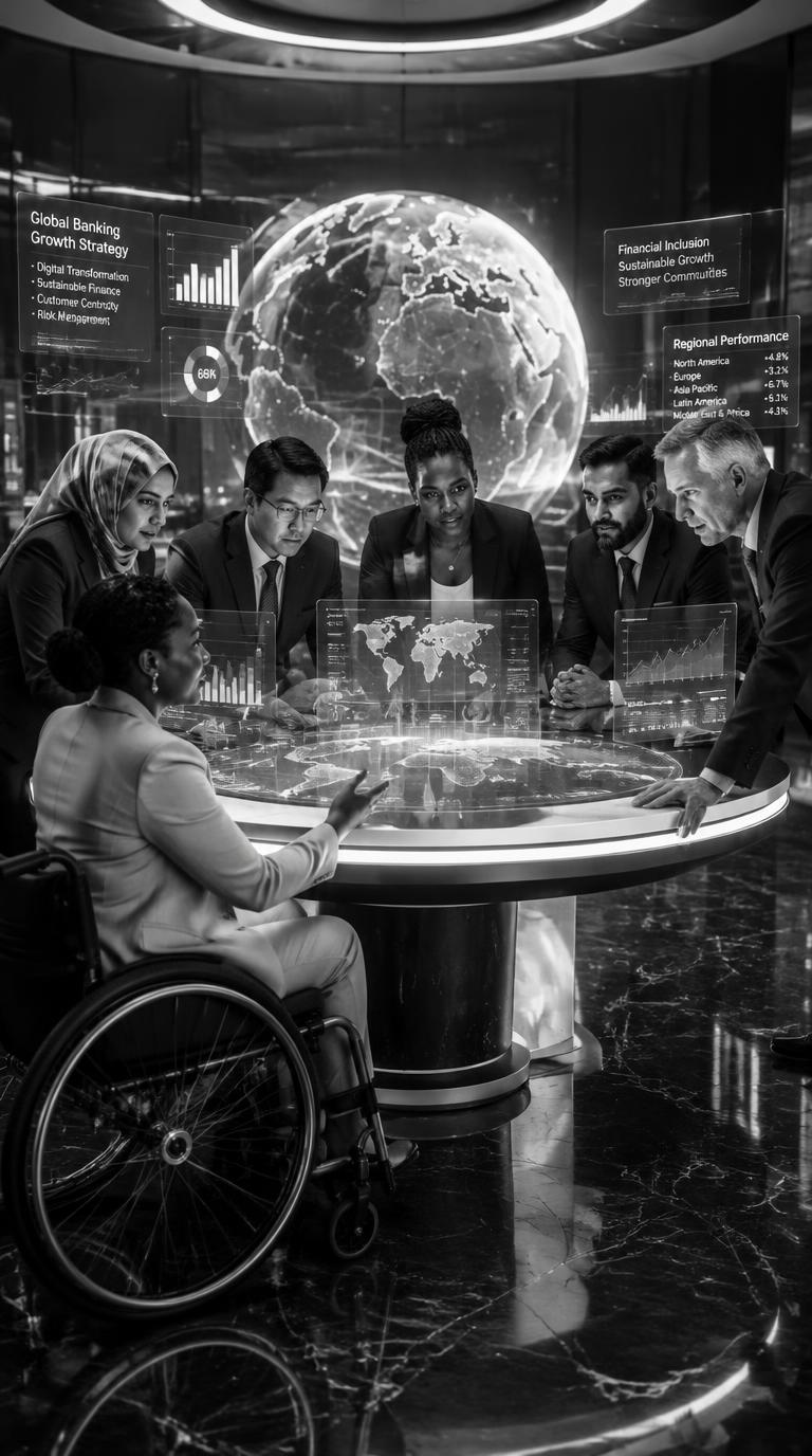 Six executives of mixed backgrounds, including a woman in a wheelchair, around a glowing table in a virtual boardroom